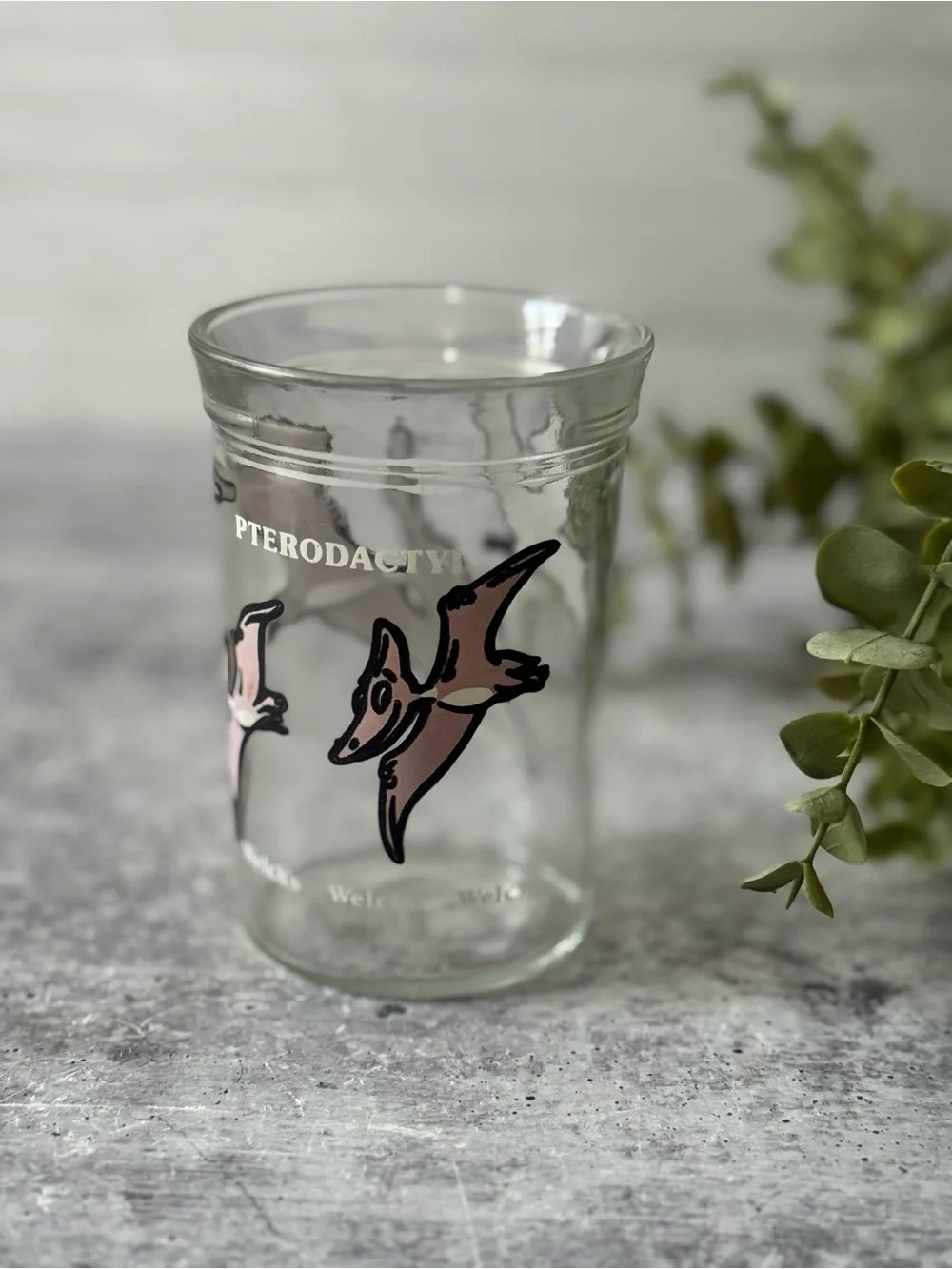 Vintage 1988 Dinosaur pterodactyl Welch's Glass Jam Jar 80s